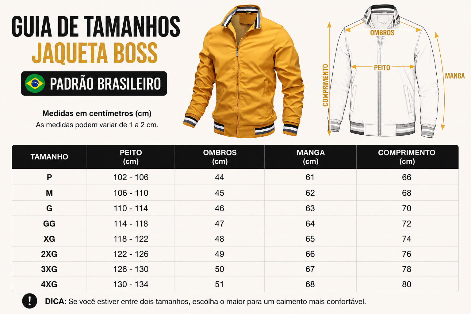 Tabela de tamanhos Jaqueta Boss Calm Floripa